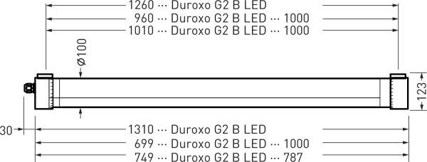 A Duroxo G2 B LED-cső diagramja különböző hosszúsági és átmérő adatokkal: 1260-1310 mm hosszúság, 100 mm átmérő.