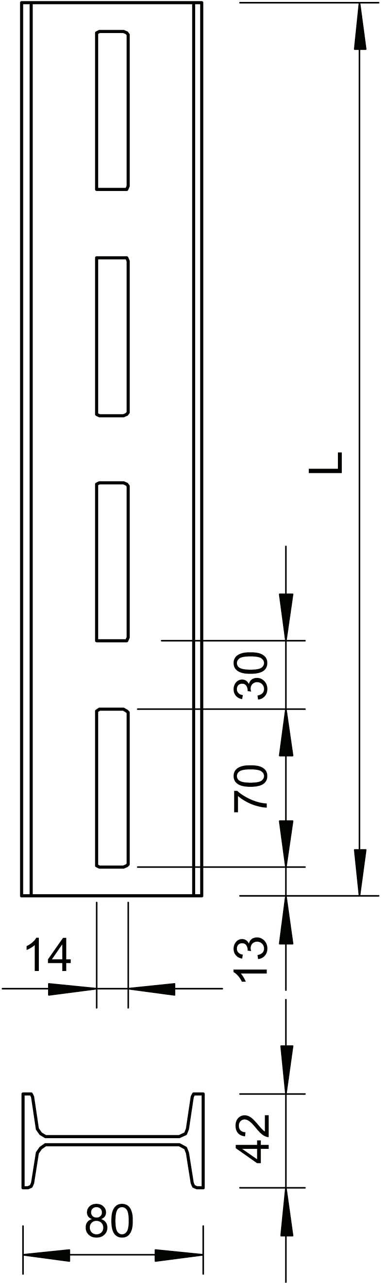 Egy fémprofilról készült műszaki rajz méretekkel: L hosszúság, 80 mm szélesség, 14 mm magasság, és további részletméret 30 mm és 13 mm.