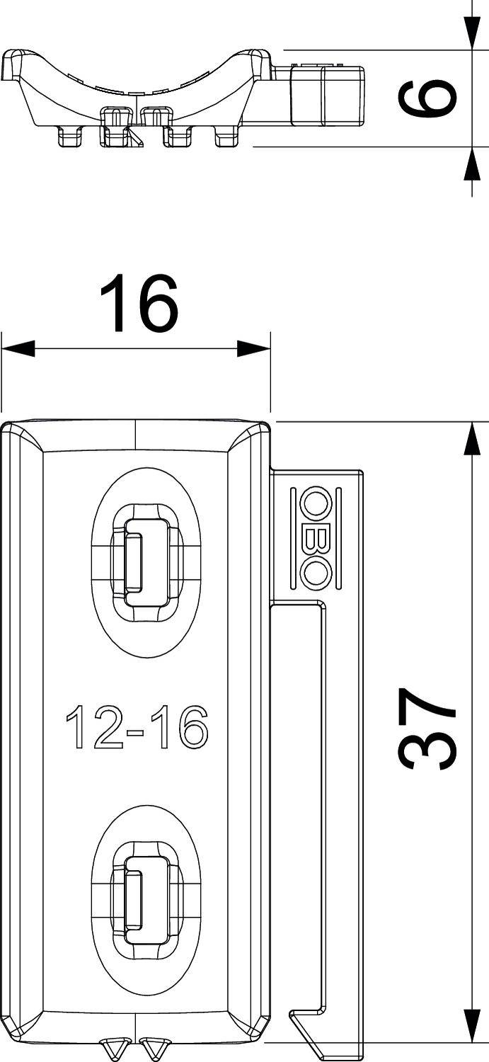 Műszaki rajz egy alkatrészről a következő méretekkel: 16 mm szélesség, 6 mm magasság és 37 mm hosszúság, megjelölve a '12-16' jelzéssel.