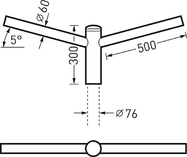 Műszaki rajz egy T-idomról két karral, 5 fokos szögben. A karok hossza 500 mm, magassága 300 mm. A csőátmérők 60 mm és 76 mm.