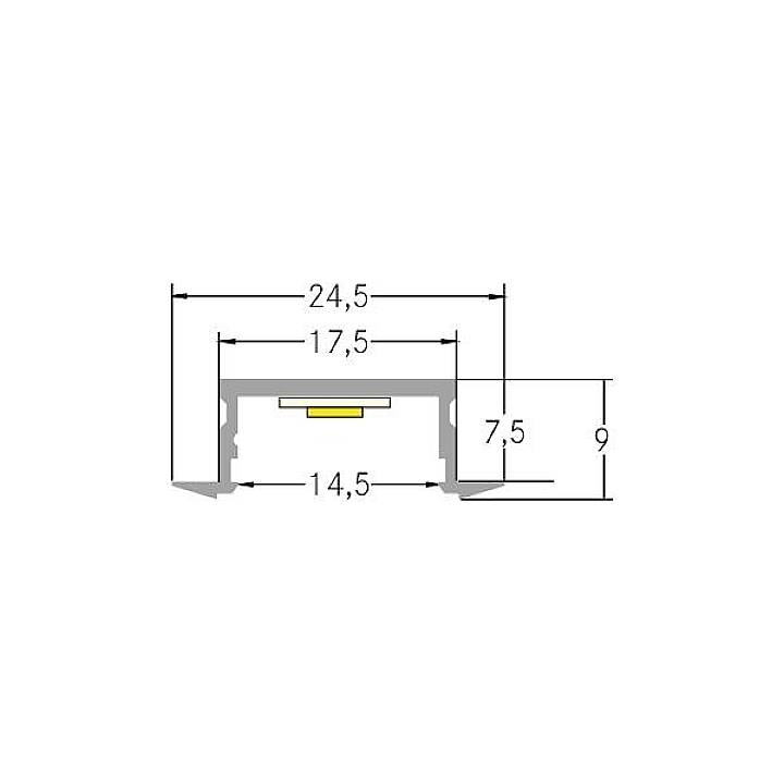 Egy műszaki rajz keresztmetszete méretekkel: szélesség 24,5 mm, magasság 17,5 mm, belső szélesség 14,5 mm, bal oldali margó 7,5 mm, jobb oldali margó 9 mm.