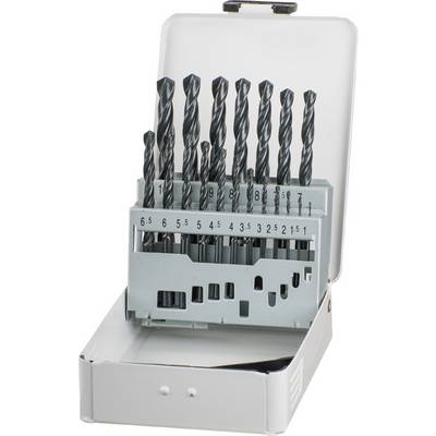 Egy nyitott fémdoboz-szett, benne különböző méretű fúrókkal, 1,5-től 6,5 mm-ig, növekvő átmérő szerint rendezve.