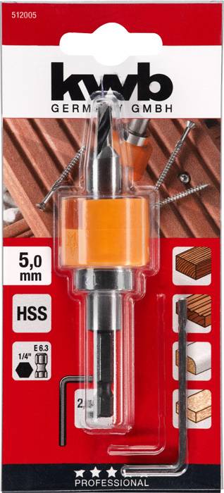 A „KWB Germany GmbH" fúrókészlet 5 mm-es HSS-fúróval, imbuszkulccsal és előfúrt lyukasztószerszámmal, csomagolva.