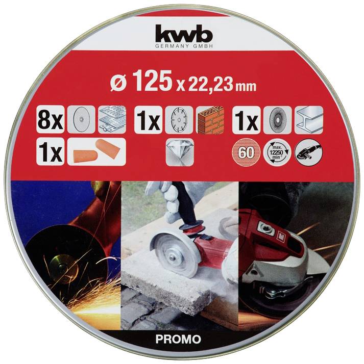 A 'kwb GERMANY GmbH' logóval ellátott termékcsomag teteje. Tartalmaz csiszolókorong, tartozék szimbólumokat és azok méreteit milliméterben.