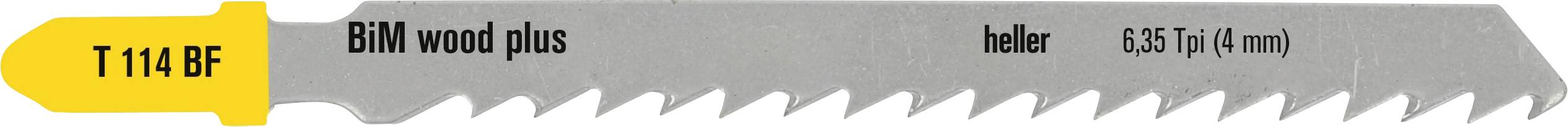 BiM wood plus reciprok fűrészlap T 114 BF jelöléssel, 6,35 Tpi (4 mm), sárga Heller márkajelzéssel.