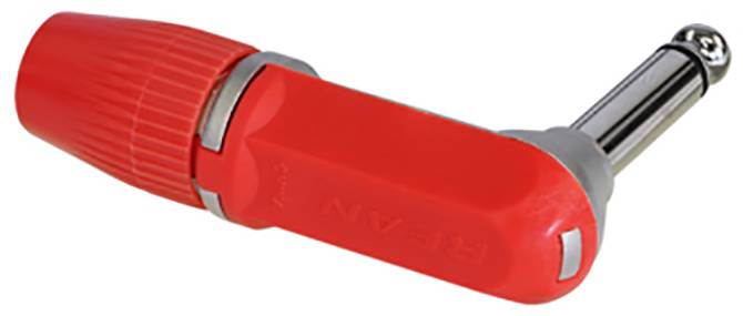 Egy piros szögű csatlakozó adapter fémcsatlakozóval, audioeszközökhöz megfelelő kivitelben.