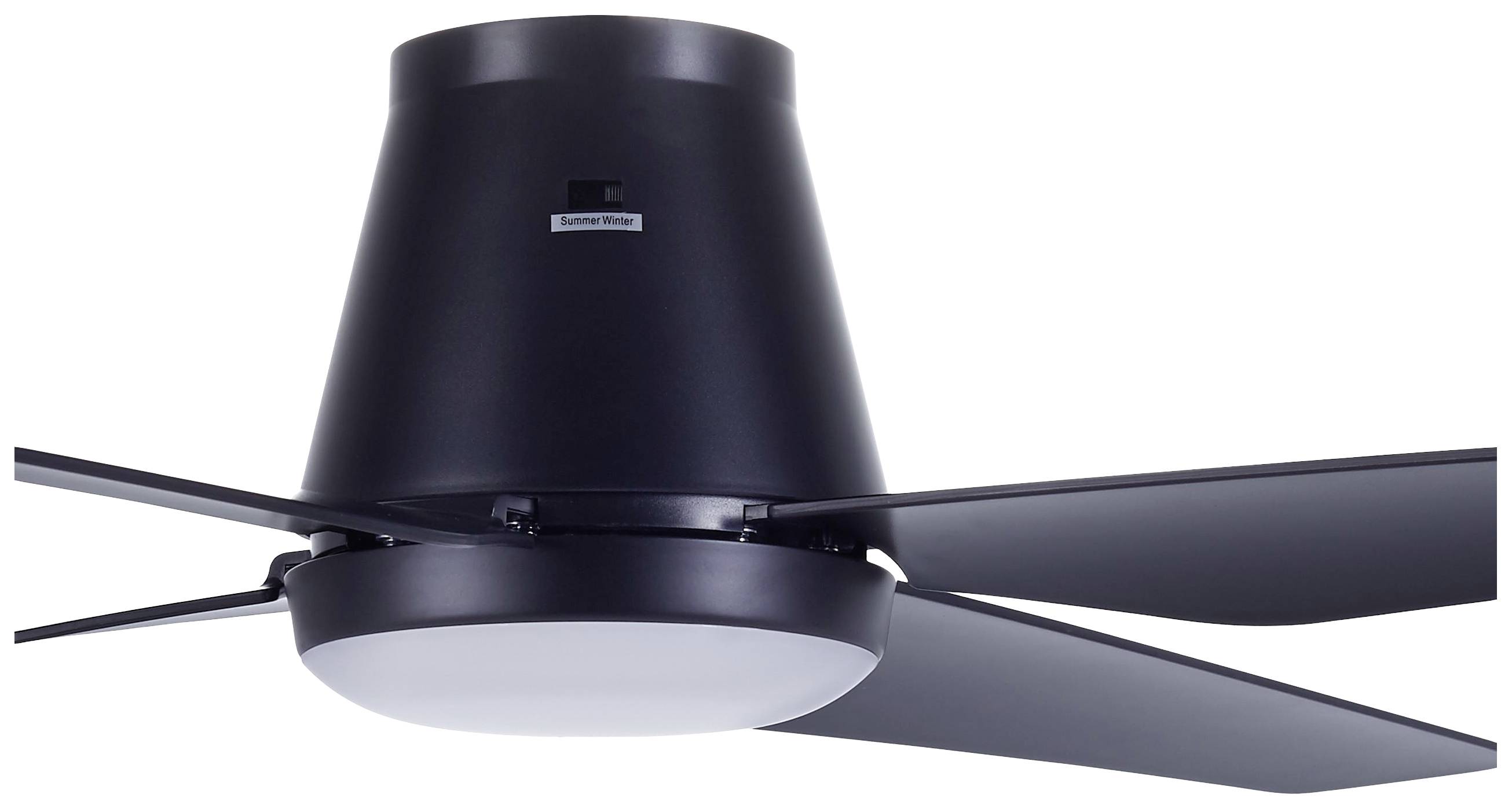 Egy modern, fekete mennyezeti ventilátor négy szárnnyal és beépített LED-lámpával.
