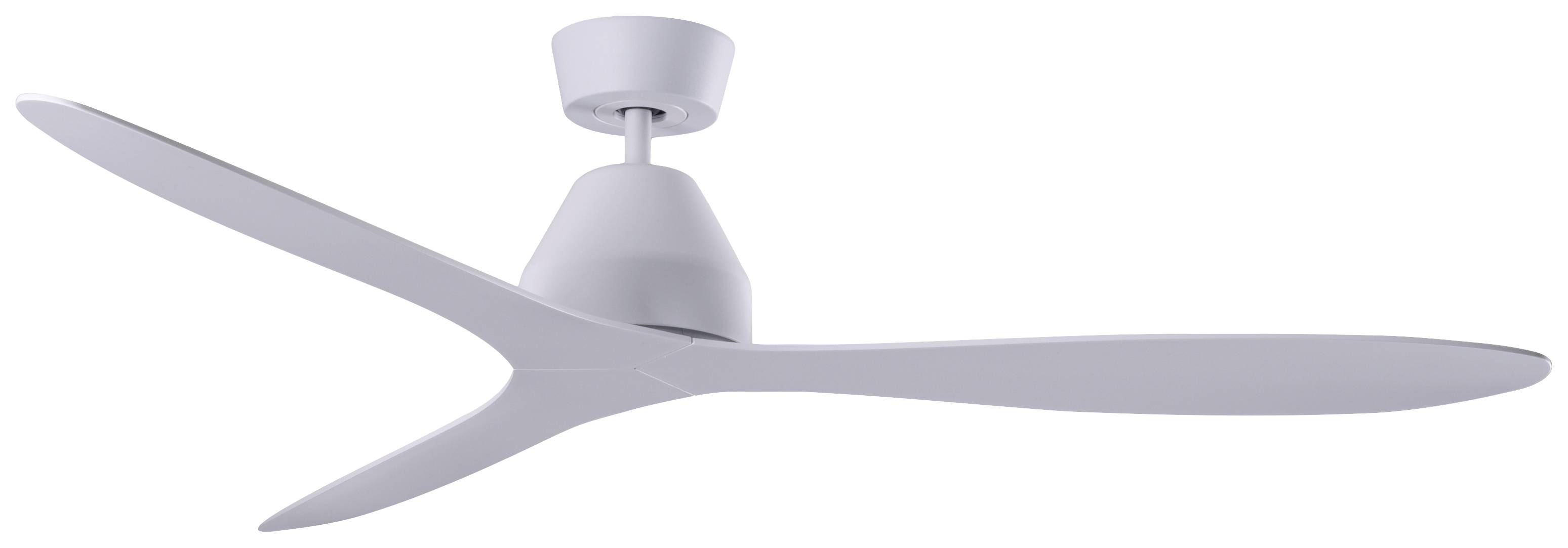Egy modern mennyezeti ventilátor három hosszú, ívelt fehér lapáttal. Kiváló beltéri helyiségek szellőztetésére.