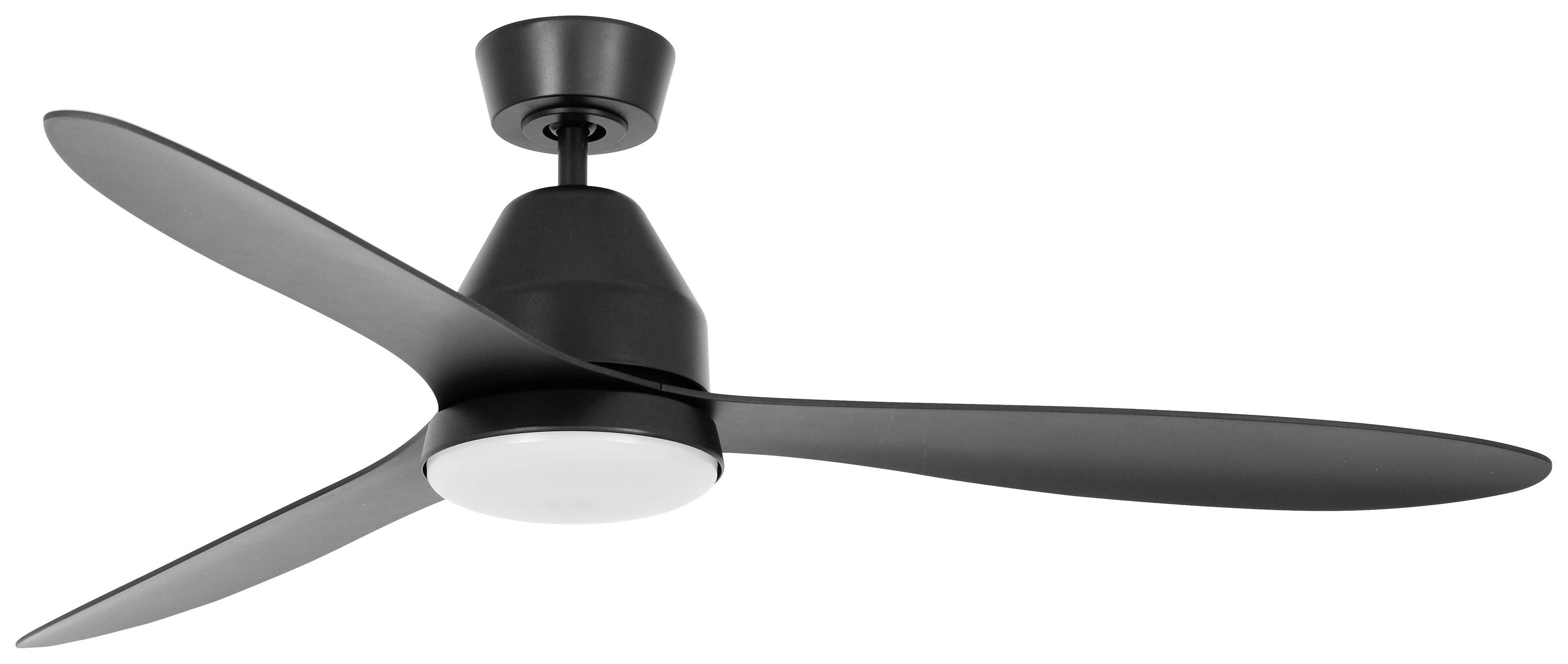 Egy modern, matt fekete mennyezeti ventilátor három szárnnyal és kerek lámpabúrával a közepén.