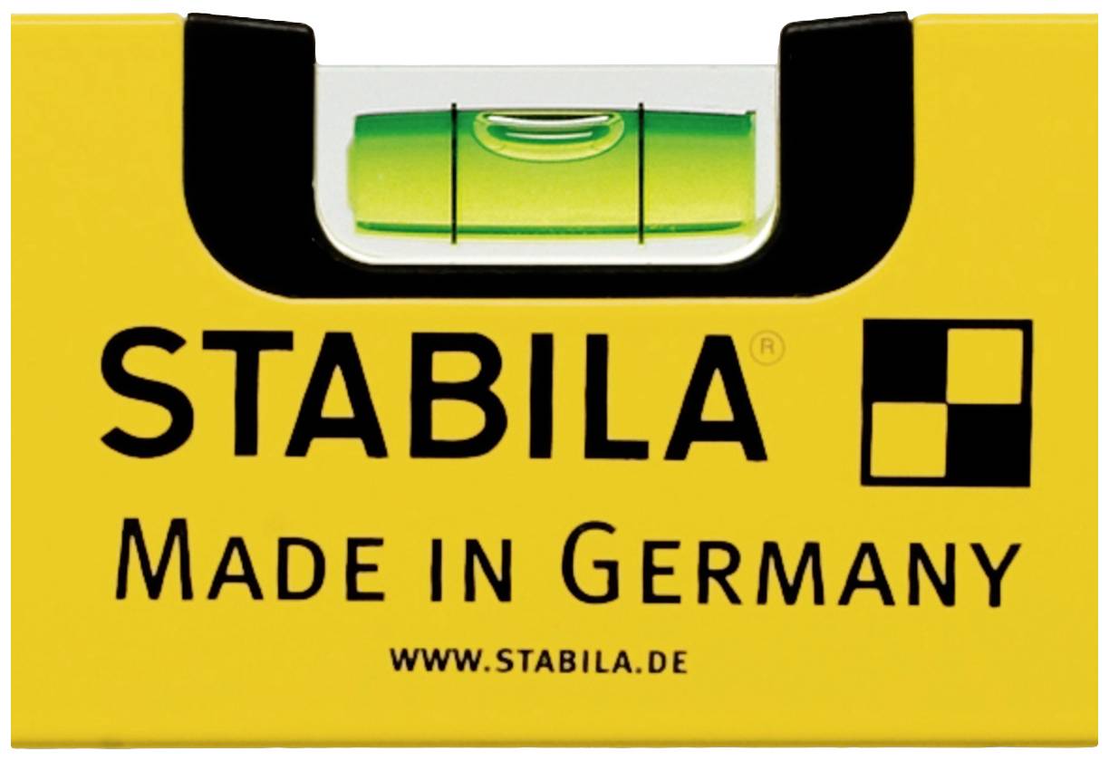 STABILA vízmérték, sárga színben, zöld libellanyílással, "Made in Germany" felirattal és logóval, a www.stabila.de weboldalra mutató hivatkozással.