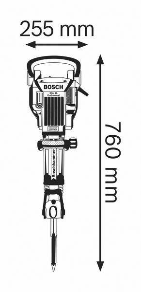 'Bosch GSH 11 E' bontókalapács, méretei: szélesség 255 mm, magasság 760 mm, méretarányos nyilakkal ábrázolva.