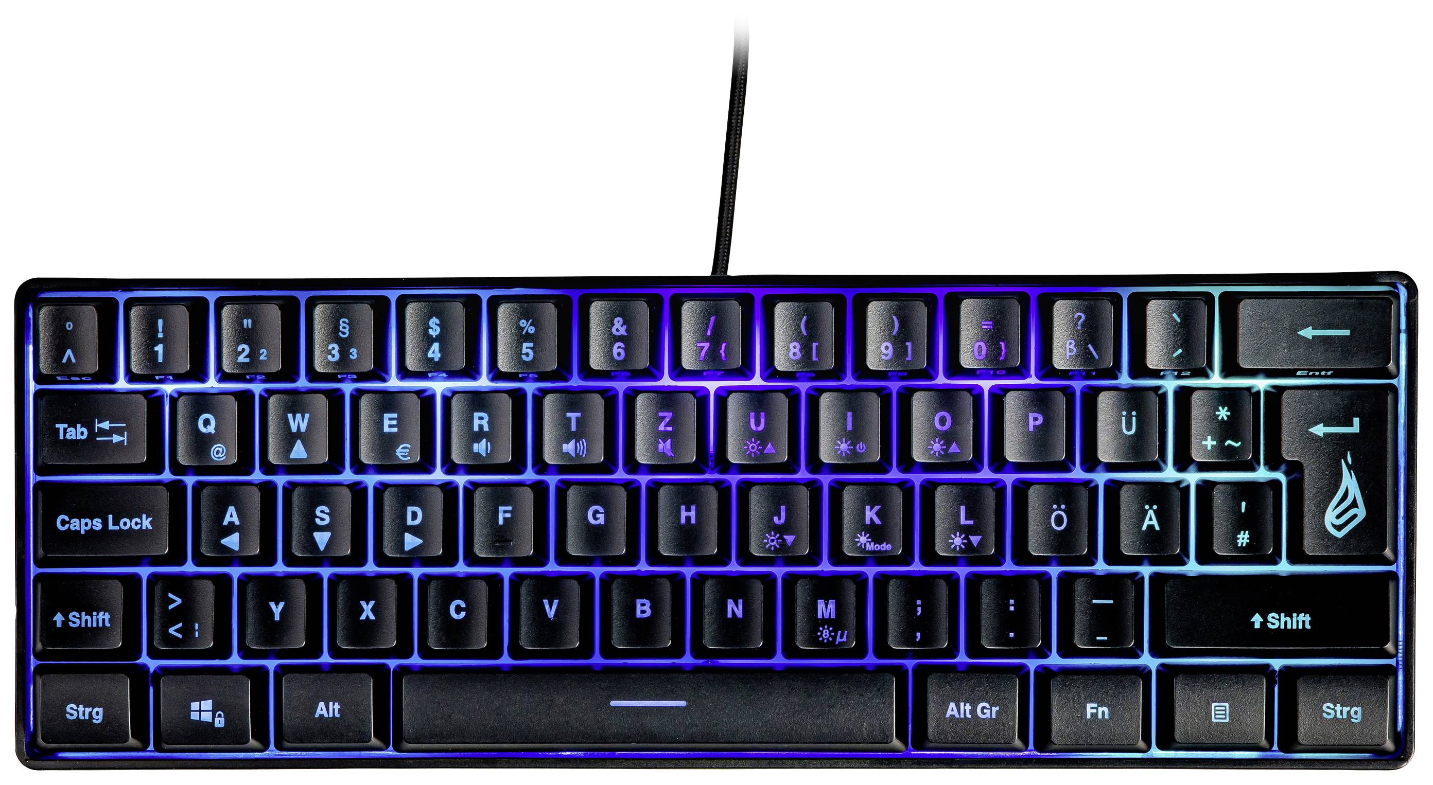 Fekete QWERTZ billentyűzet RGB háttérvilágítással. Szabványos billentyűelrendezéssel és speciális funkciógombokkal rendelkezik.