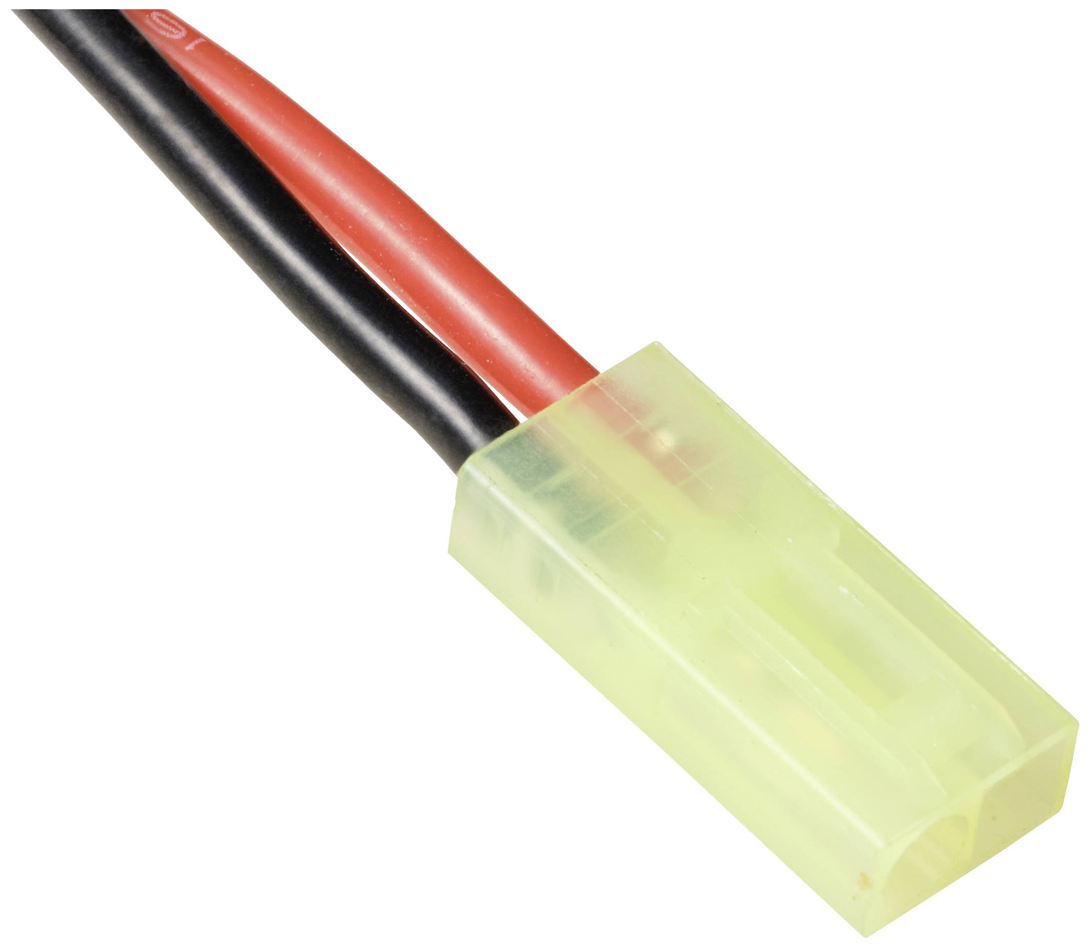 Egy zöld csatlakozó piros és fekete kábelekkel, elektronikai alkalmazásokban használatos áramellátásra.