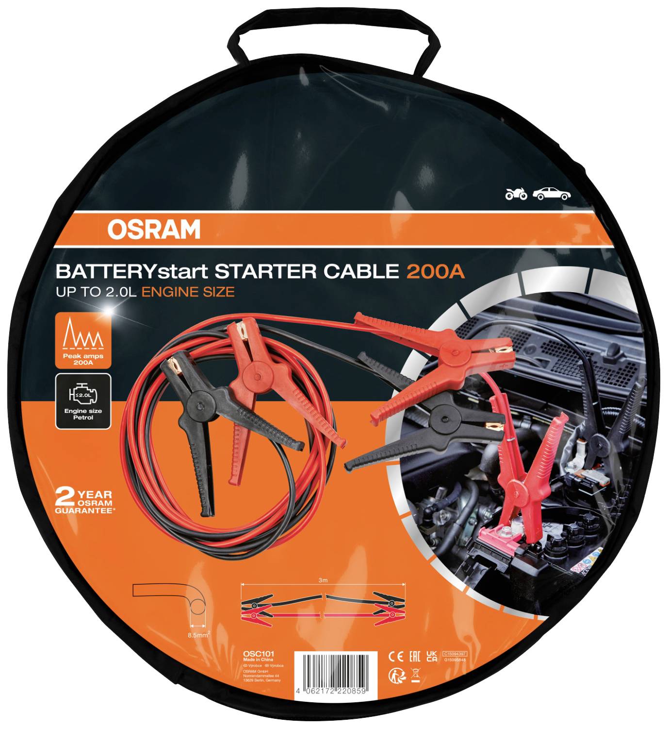 Osram indítókábelek, alkalmasak 2.0L-ig terjedő motorokhoz. Piros és fekete kábelsaru tartozékkal. Két év garancia.