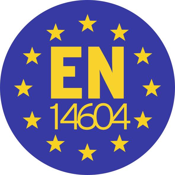 Kék kerek logó sárga 'EN 14604' felirattal, sárga csillagok övezik. Egy füstérzékelőkre vonatkozó európai szabvány jelképe.