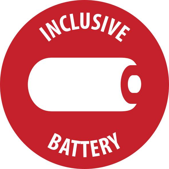 Egy piros köralakú felület fehér akkumulátor-szimbólummal a közepén. A fehér 'INCLUSIVE BATTERY' szavak a kör tetején és alján helyezkednek el.