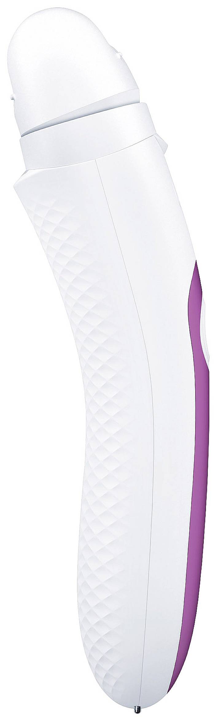 Egy fehér-lila elektromos manikűreszköz keskeny, ergonomikus kialakítással és strukturált markolattal.