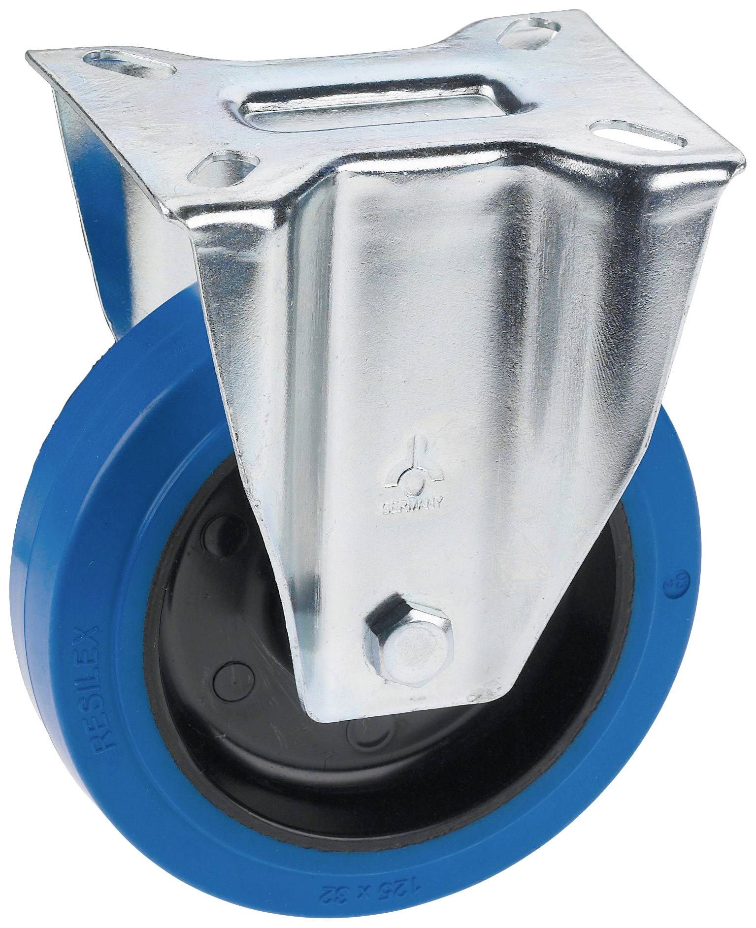 Kék kerék fekete belső résszel és ezüst fémtartóval, valószínűleg egy bútor vagy eszköz kormánykereke.