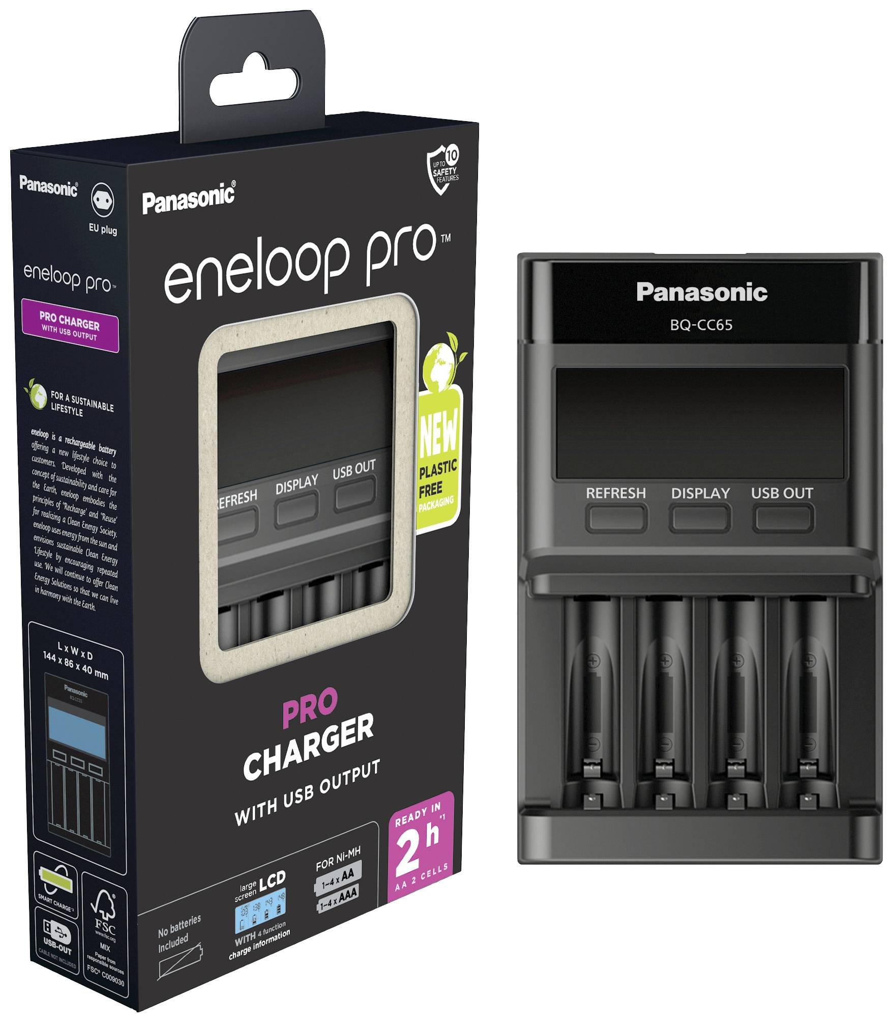 Egy Panasonic akkumulátortöltő, 'eneloop pro' modell, négy töltőhellyel és USB-kimenettel. A csomagolás a kijelzős töltőkészüléket mutatja.
