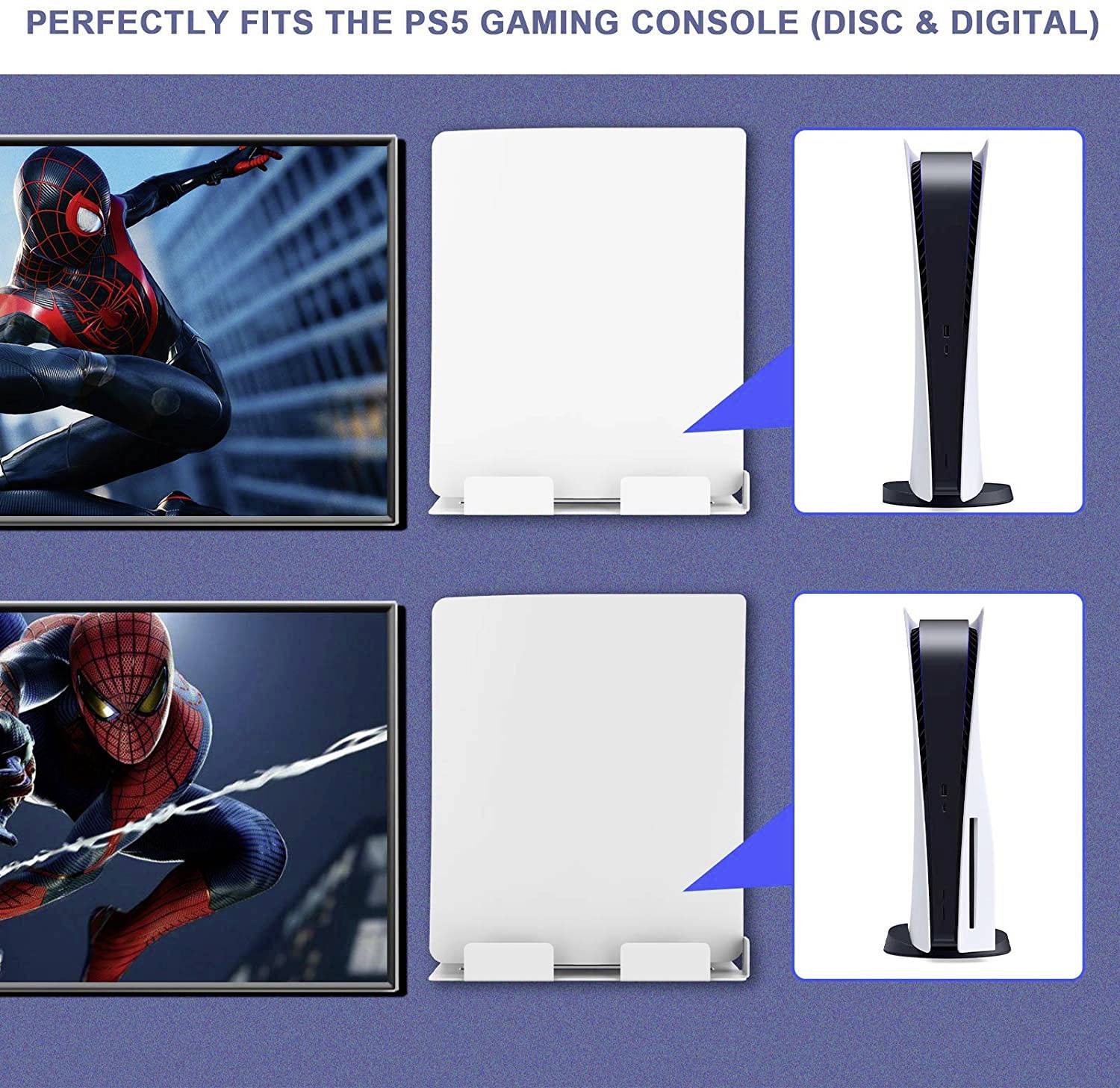 Tökéletesen illik a PS5-ös játékkonzolhoz (Disc & Digital). Két képet mutat Marvel-karakterrel és fehér, illetve fekete PS5-konzolon.