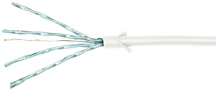 Egy fehér kábel négy kiálló kék vezetékkel mutatja egy adatátviteli kábel belső szerkezetét.