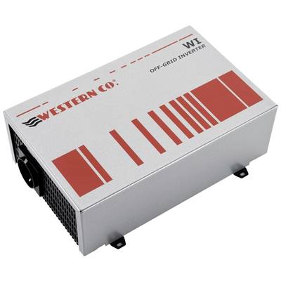 Egy ezüstszínű, vörös csíkokkal ellátott, szellőzőrácsokkal rendelkező 'Western Co.' márkájú, hálózatfüggetlen inverter.