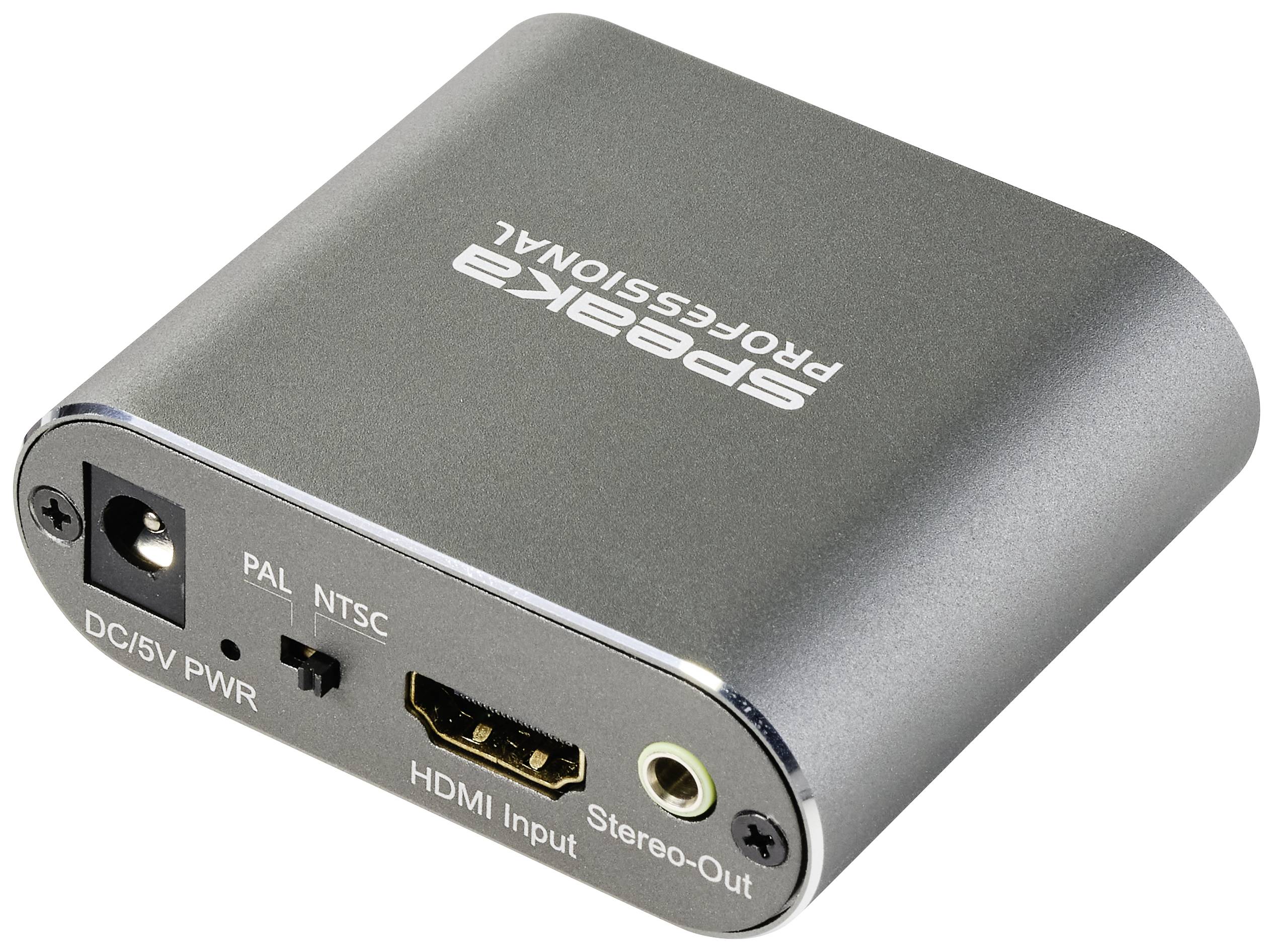 Egy kompakt AV-konverter képei csatlakozókkal DC 5V-hoz, HDMI-bemenettel és sztereó kimenettel, támogatja a PAL és NTSC szabványokat.