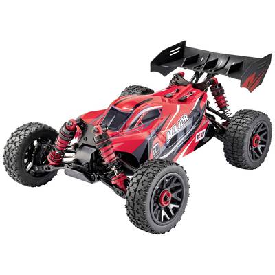 Piros és fekete távirányítós autó buggy-stílusban, nagy, mintázott kerekekkel és markáns hátsó légterelővel.