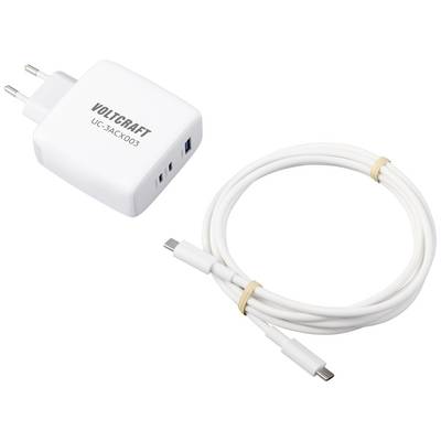 Egy 'Voltcraft UC-3AC4003' feliratú töltő és egy USB-kábel mutatják a töltési tartozékokat.