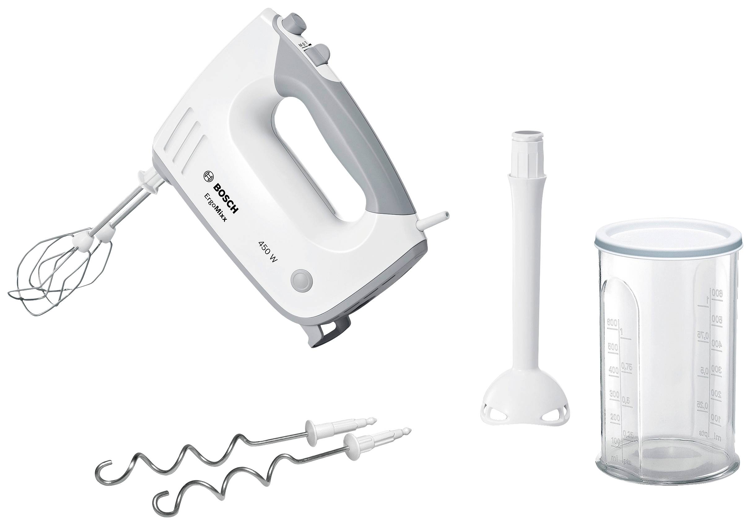 Kézi mixer szett: Fehér kézi mixer dagasztóhoroggal, habverővel, botmixer-feltéttel és mérőpohárral. Alkalmas keverésre és dagasztásra.