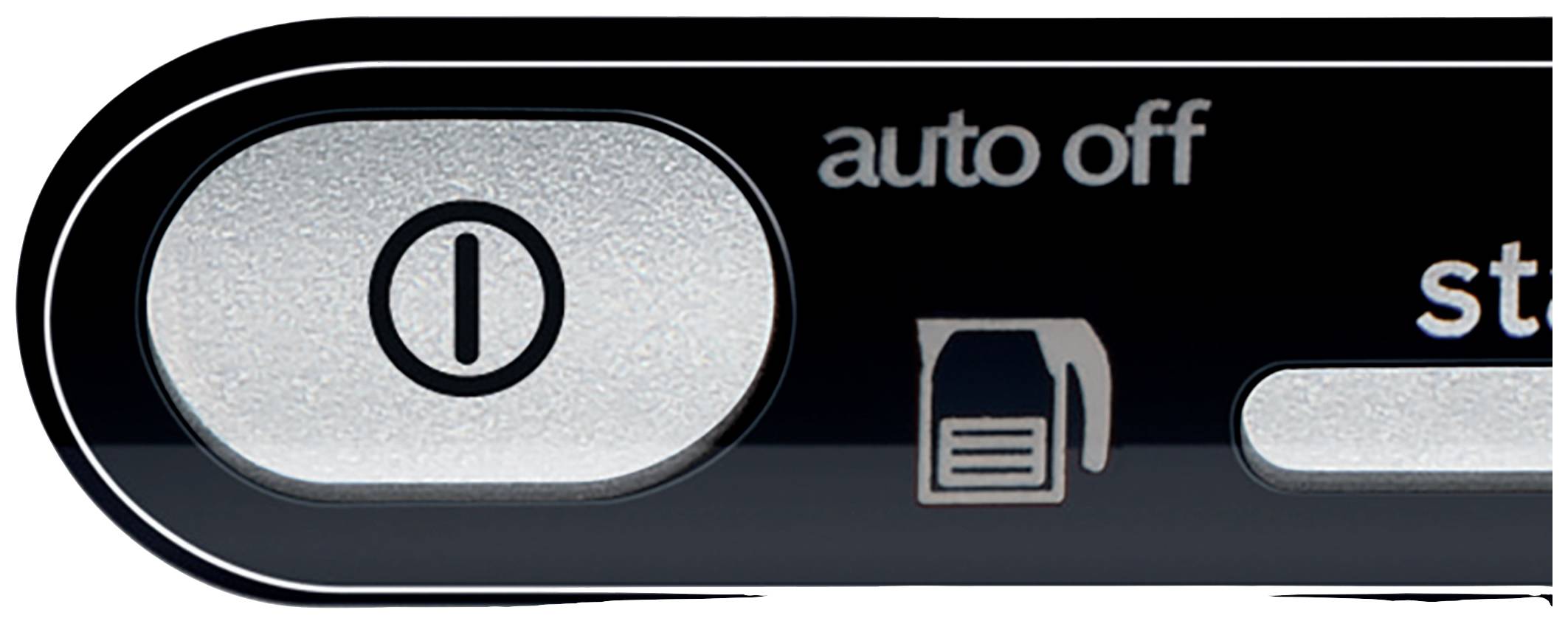 Egy konyhai robotgép kijelzőjének közeli felvétele, amelyen az 'auto off' felirat és egy kávéskanna szimbólum látható egy kerek be-/kikapcsoló gomb mellett.