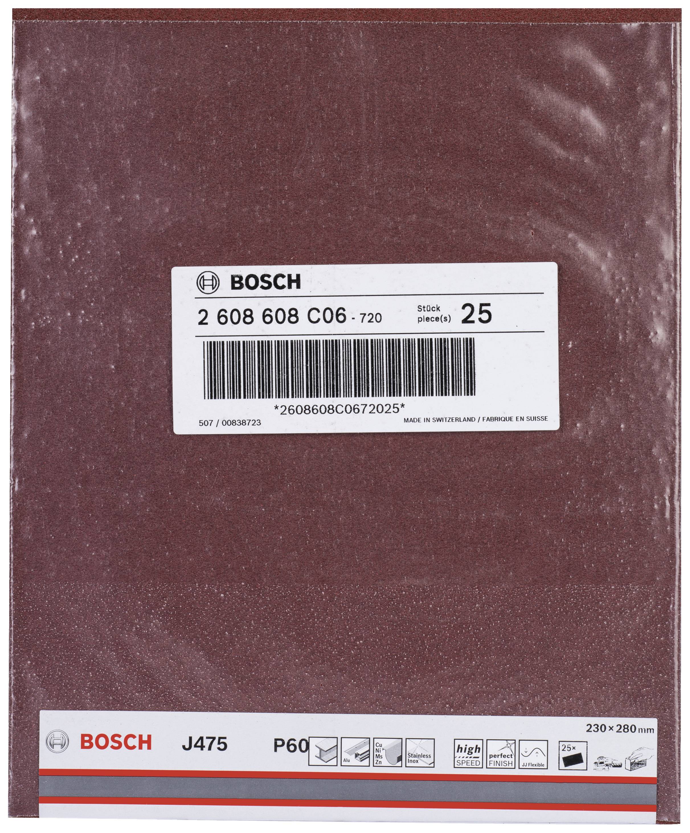 Egy csomag Bosch csiszolópapír, J475-ös modell, P60-as szemcseméret, 230x280 mm méret, 25 darabos kiszerelés.