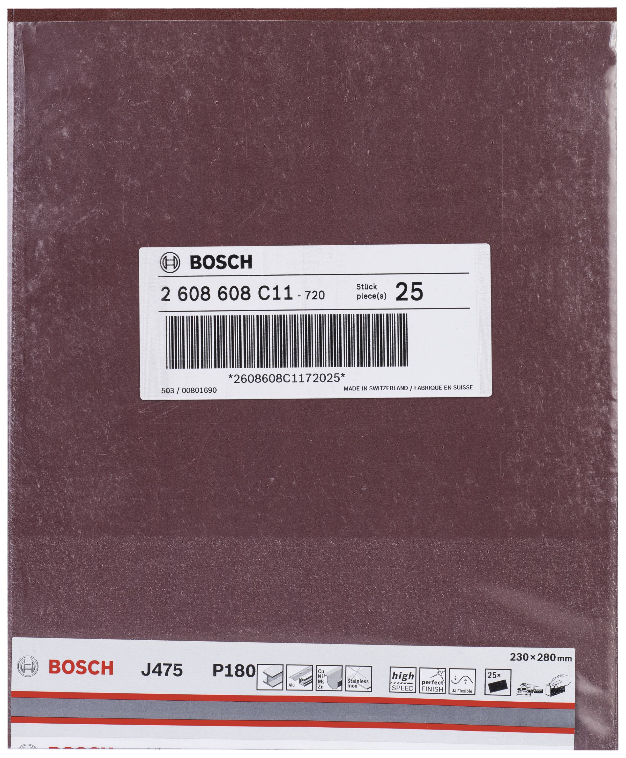 Bosch csiszolópapír csomag, J475 típus, P180 szemcseméret, 25 lap, méret 230x280 mm. Elsősorban fa csiszolásához.