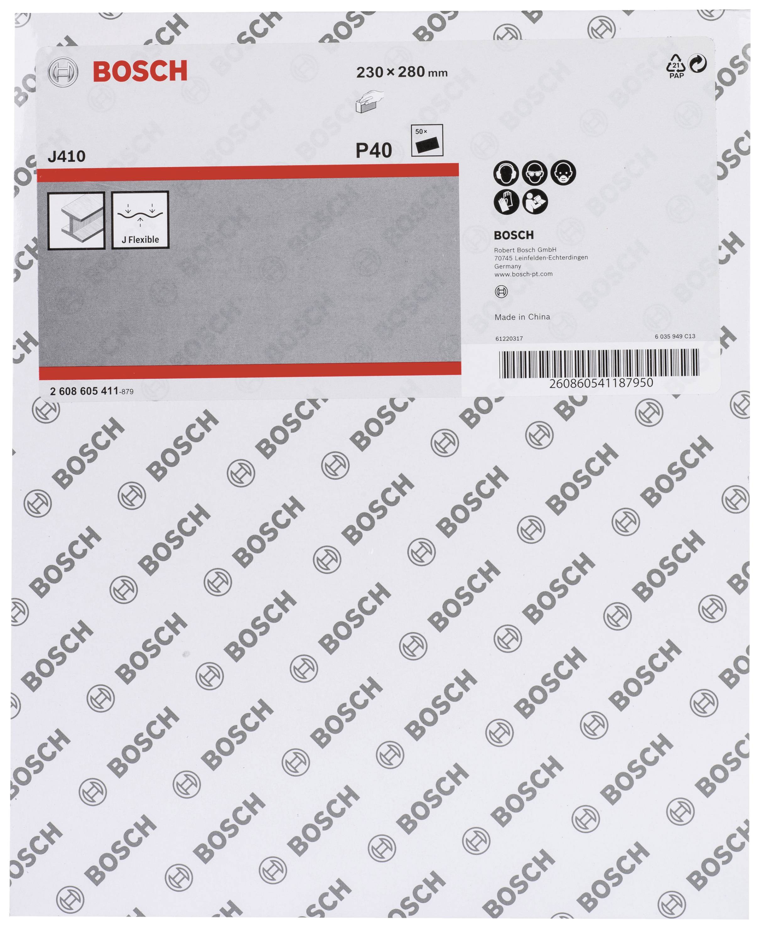 Bosch csiszolópapír csomagolás, 230 x 280 mm, P40 szemcseméret, rugalmas, Kínában gyártva.