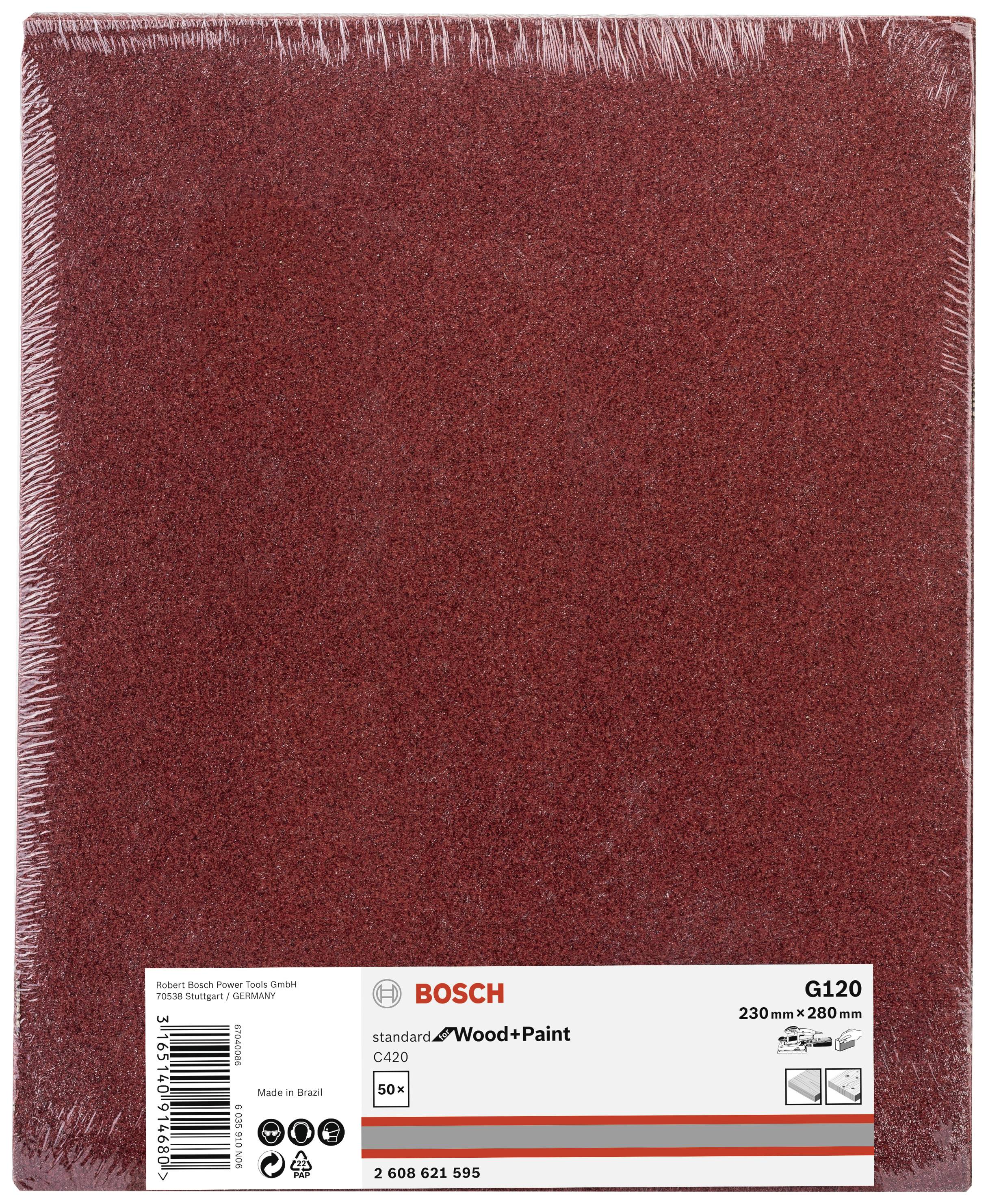 Egy Bosch márkájú, téglalap alakú csiszolópapír, G120-as szemcsemérettel, fa és festék csiszolásához alkalmas. Mérete: 230 mm x 280 mm.