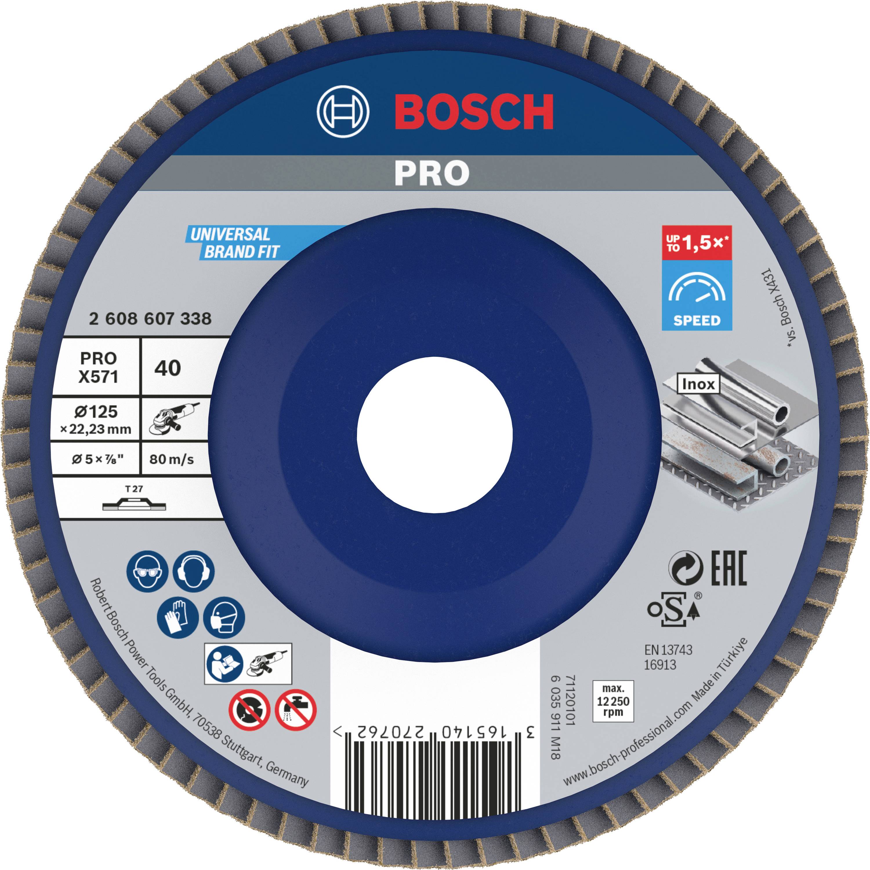 Bosch Accessories 2608607338 X571 Felületcsiszoló korong Ø 125 mm Furat átmérő 22.33 mm Szemcsézet 40 Acél 1 db