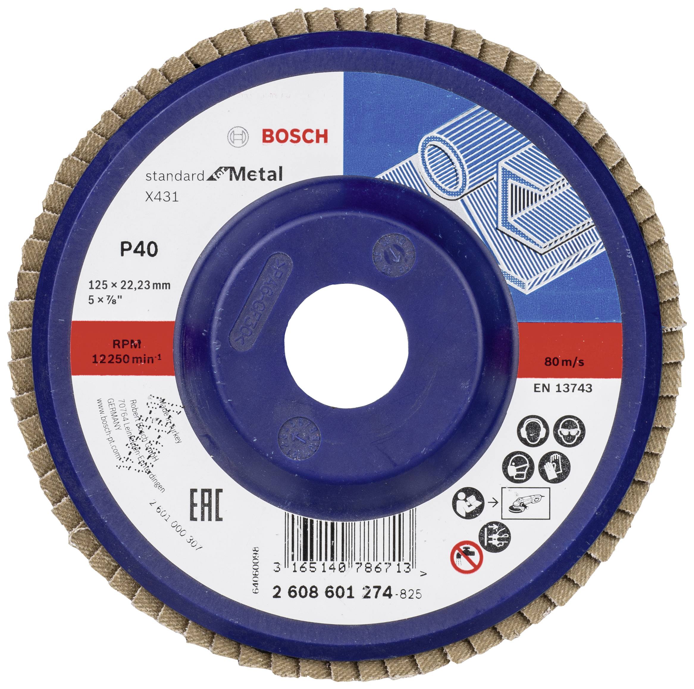 Bosch Accessories 2608601274 X431 Felületcsiszoló korong Ø 125 mm Furat átmérő 22.33 mm Szemcsézet 40 Acél 1 db
