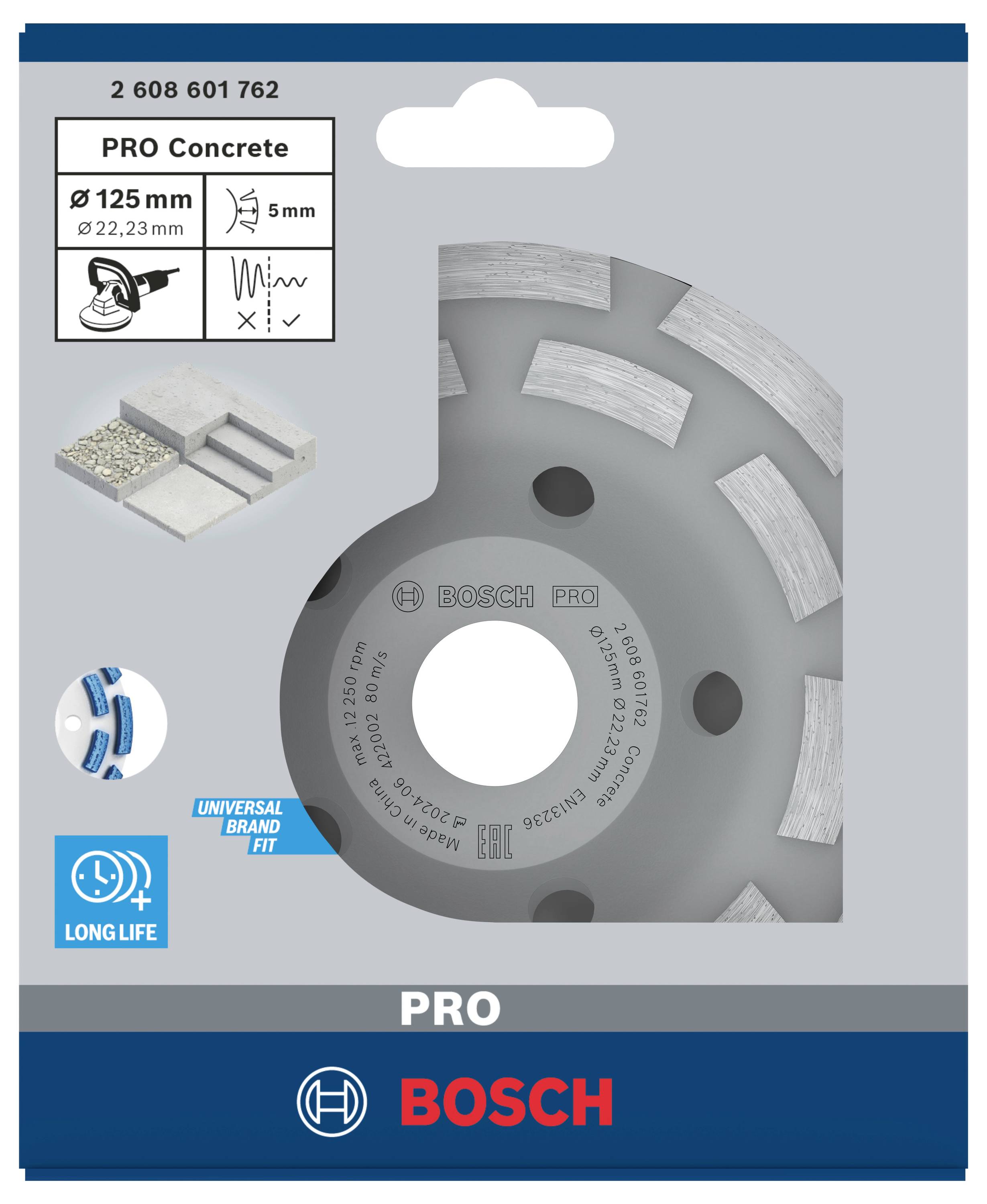 Bosch 'PRO Concrete' gyémánttárcsa, 125 mm átmérővel, betonhoz alkalmas. A csomagolás alkalmazási példákat és kompatibilitást mutat.