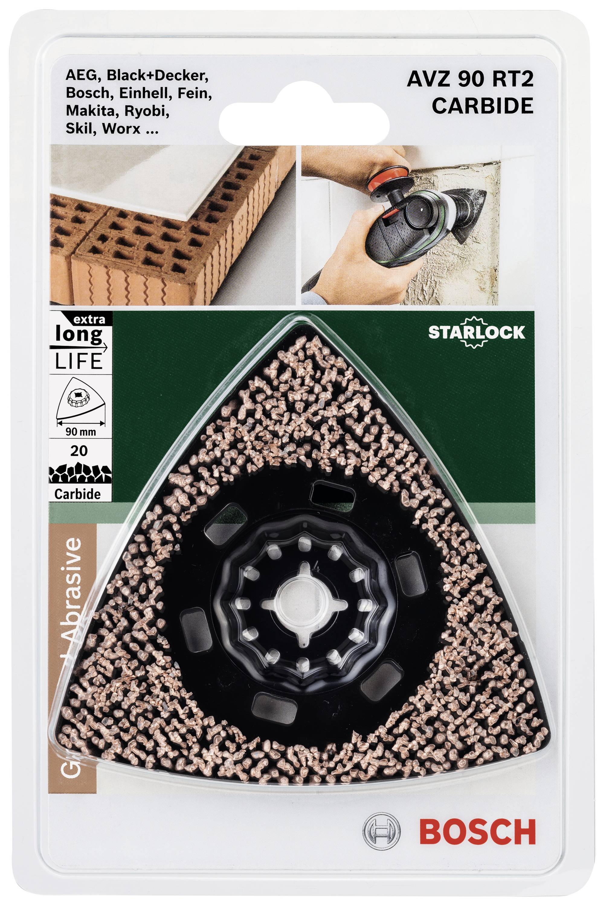 Bosch Starlock csiszolótárcsa 'AVZ 90 RT2 Carbide' csomagolása, alkalmas finomkerámia burkolatok csiszolásához, bemutatja a csiszolótárcsát és a márkakompatibilitást.