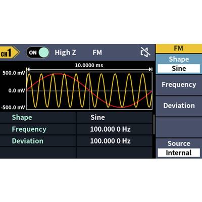Egy oszcilloszkóp kijelzője egy sárga szinuszos hullámot és egy piros vonalat mutat. Beállítások: 'Forma: Szinusz', 'Frekvencia: 100,000 Hz'.