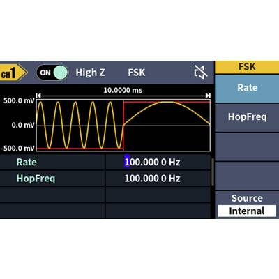 Egy oszcilloszkóp diagramja FSK-jelet mutat sárga hullámformával. Felül: 'High Z', 'FSK'. Értékek: 'Rate' 100 000 Hz, 'HopFreq' 100 000 Hz.