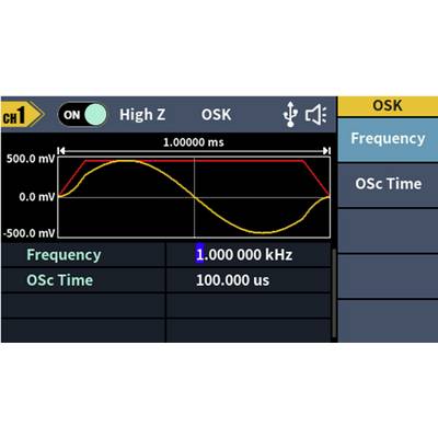 Az oszcilloszkóp kijelzője egy 1 MHz frekvenciájú szinuszhullámot mutat, amelynek időtartama 100 µs. A frekvencia és az oszcillációs idő kiemelésre kerül.