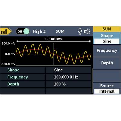 Oszcilloszkóp mutat egy szinuszhullámot 100 Hz-nél. Sárga vonal jelzi a feszültségingadozásokat. Beállítás: Forma: Szinusz, Frekvencia: 100 Hz, Mélység: 100%.