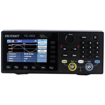 Egy Voltcraft FG-1302 típusú függvénygenerátor frekvencia-, amplitúdó- és fázisadatokat megjelenítő kijelzővel rendelkezik. Kezelőszervek jobbra találhatók.
