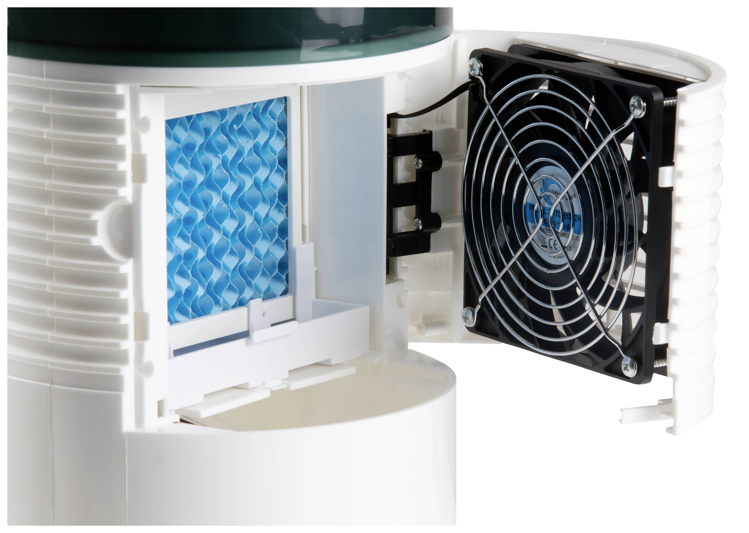 Egy nyitott házú légtisztító kék szűrőt és ventilátort mutat.