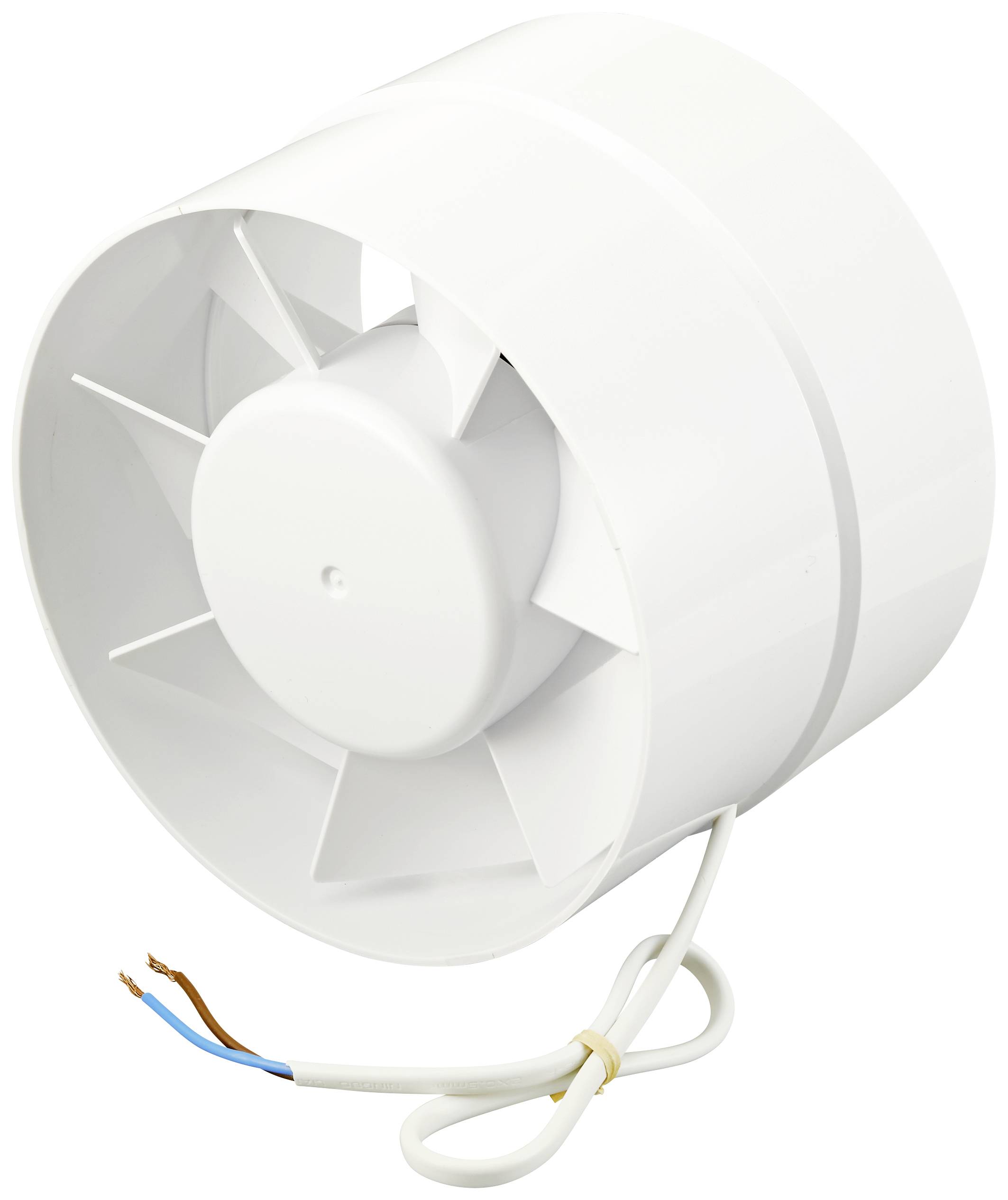 Fehér műanyag elszívó ventilátor szabadon álló kábelvégekkel. Alkalmazható szellőztető rendszerekben.