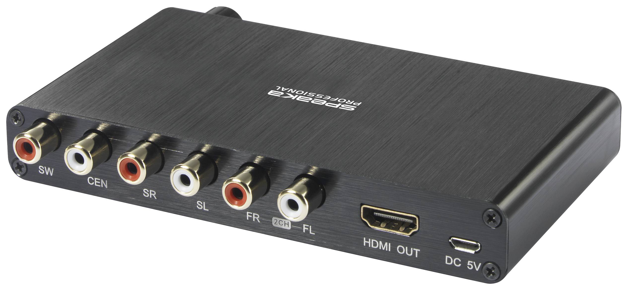 Fekete digitális audió-dekódoló eszköz több audió csatlakozóval, HDMI kimenettel és tápellátás bemenettel (DC 5V).