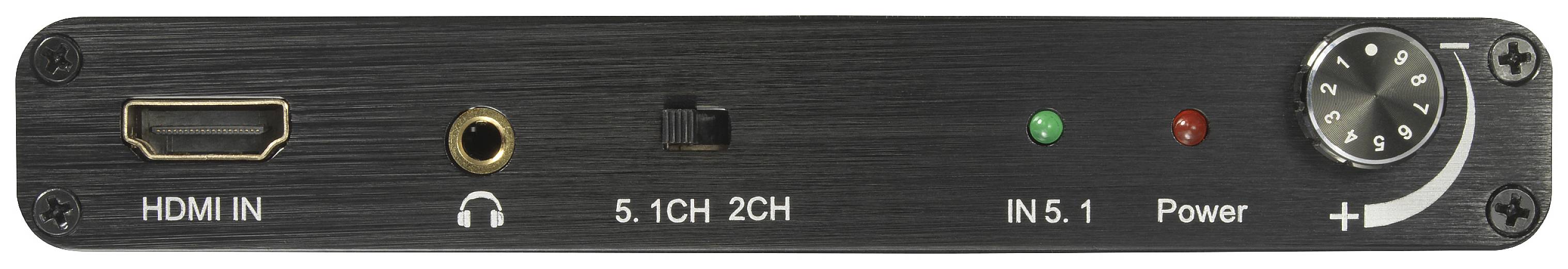 Fekete audiovezérlő panel HDMI-csatlakozóval, fejhallgató-bemenettel, 5.1 vagy 2 csatornás kapcsolóval, bemeneti választóval, tápellátás jelző fényekkel és hangerőszabályzóval.