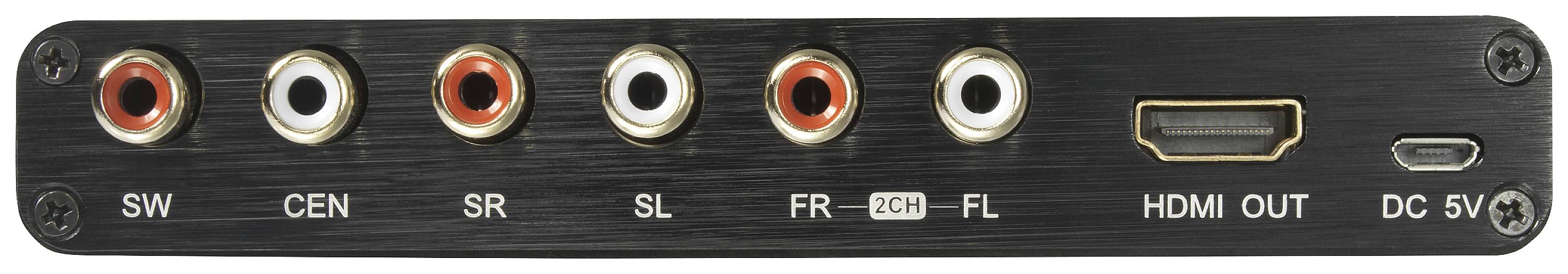 Egy audioelosztó hátoldala, csatlakozókkal SW, CEN, SR, SL, FR, FL, HDMI OUT és DC 5V számára.