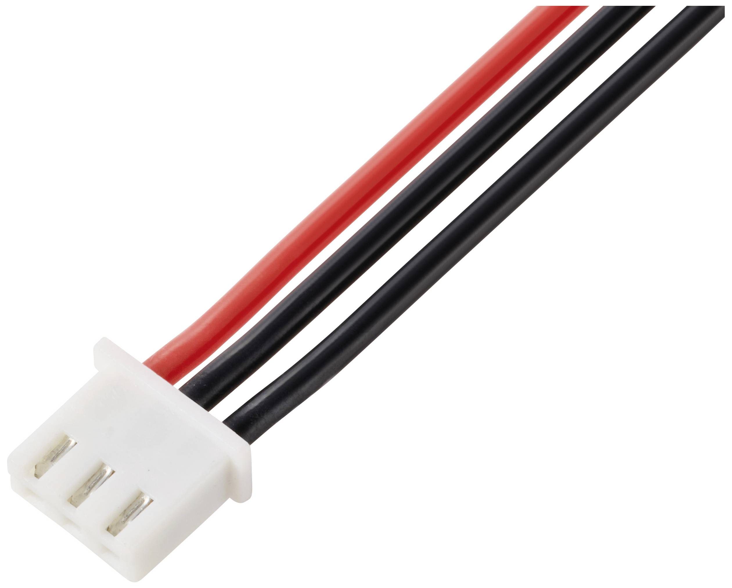 Egy fehér 3-pólusú csatlakozó piros és fekete kábelekkel, elektronikai csatlakozásokhoz alkalmas.